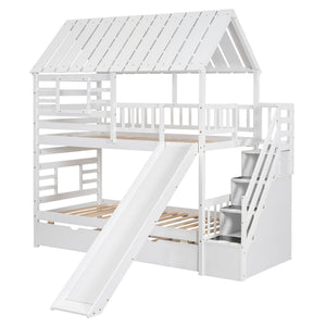 House Bunk Bed With Trundle, Storage Staircase, Roof And Window Design