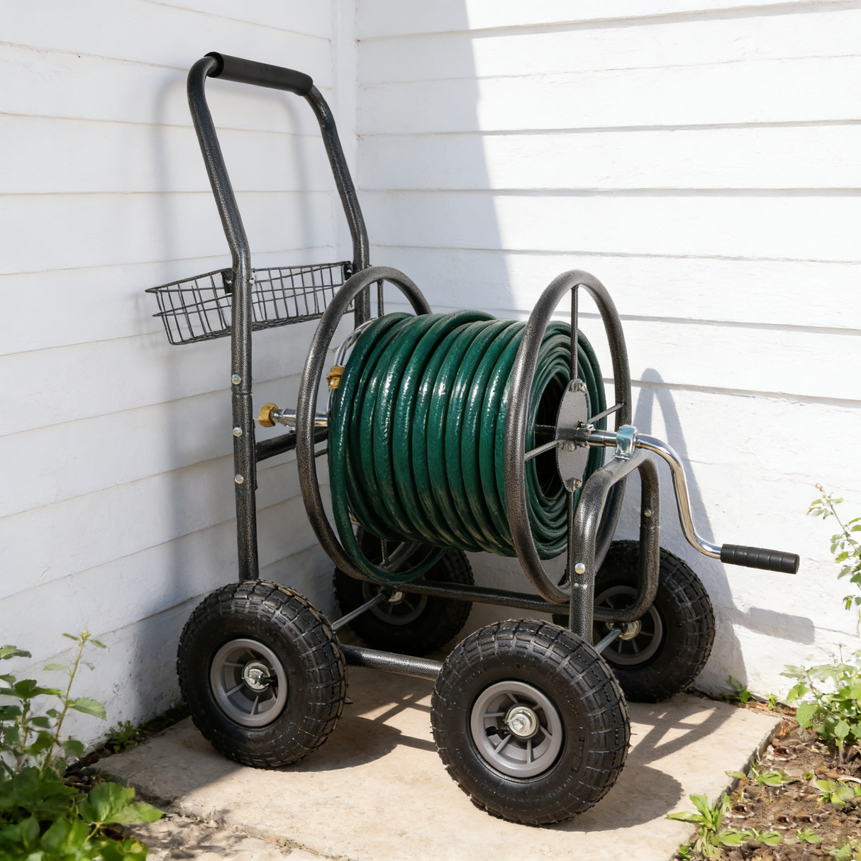 Garden Hose Reel Cart - 4 Wheels Portable with Storage Basket