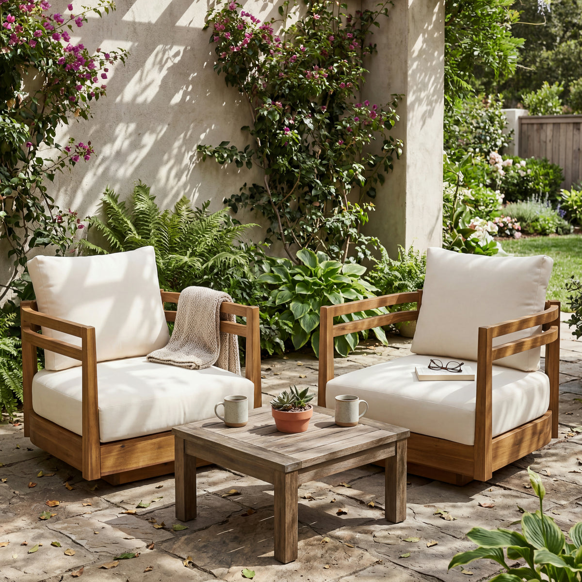 Set of 2 Acacia Wood Outdoor Swivel Chairs with Cushions