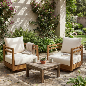 Set of 2 Acacia Wood Outdoor Swivel Chairs with Cushions