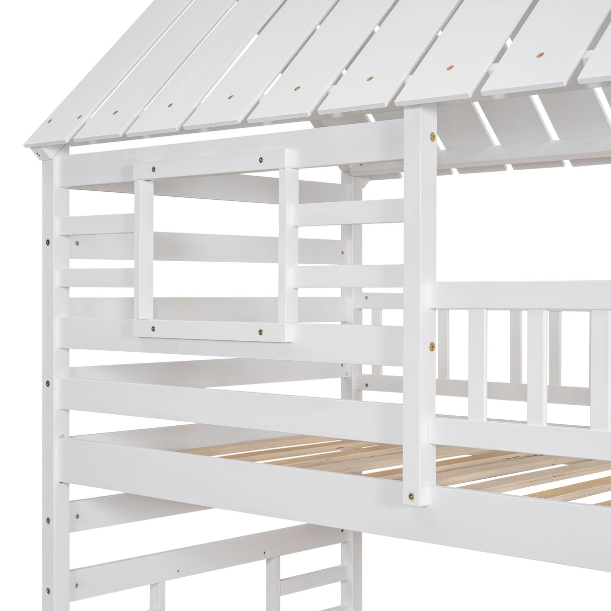 House Bunk Bed With Trundle, Storage Staircase, Roof And Window Design