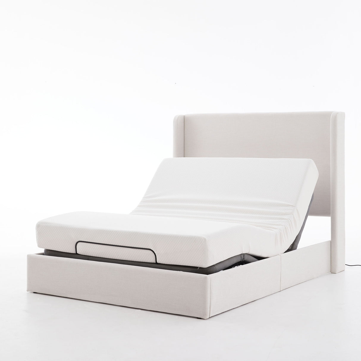 Caron - Queen Size Upholstered Wingback Bed With Adjustable Base Bundle Set - Ivory