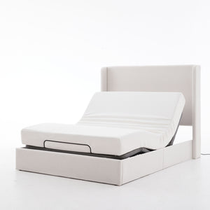 Caron - Queen Size Upholstered Wingback Bed With Adjustable Base Bundle Set - Ivory