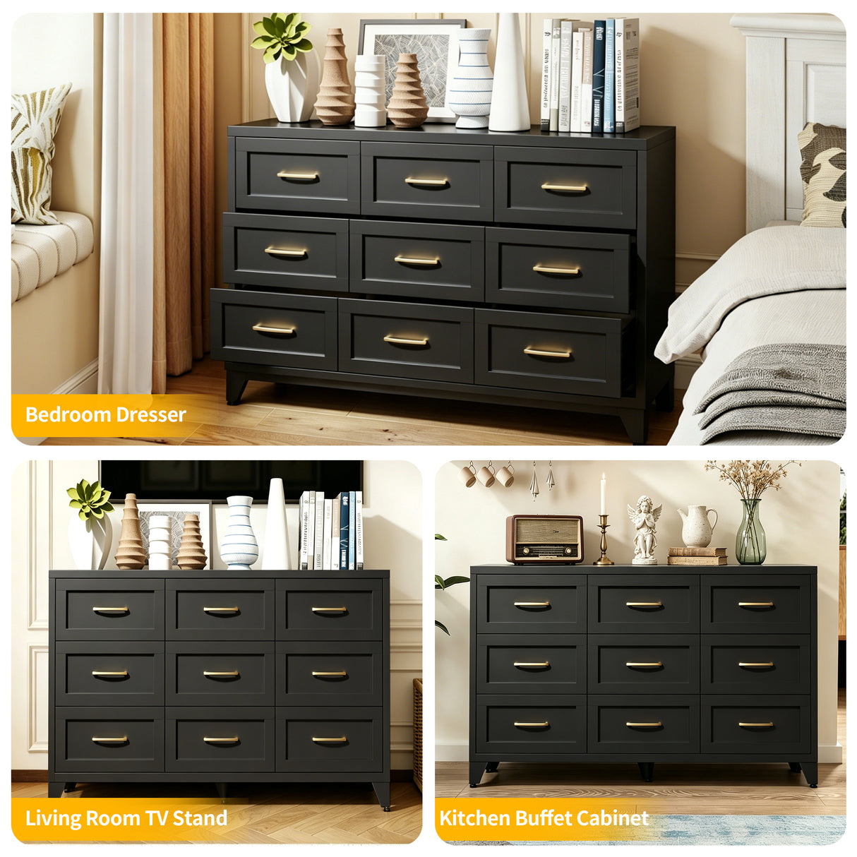 9 Drawer Dresser for Bedroom, Metal Profile Chest of Drawers
