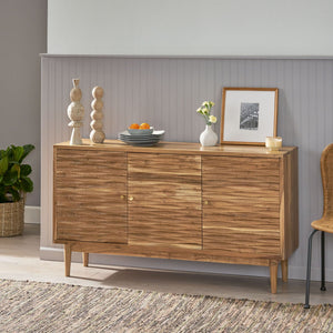 Boho Handcrafted 3 Door Sideboard, Carved Texture & Artisanal Charm - Natural - Best Buy Furniture