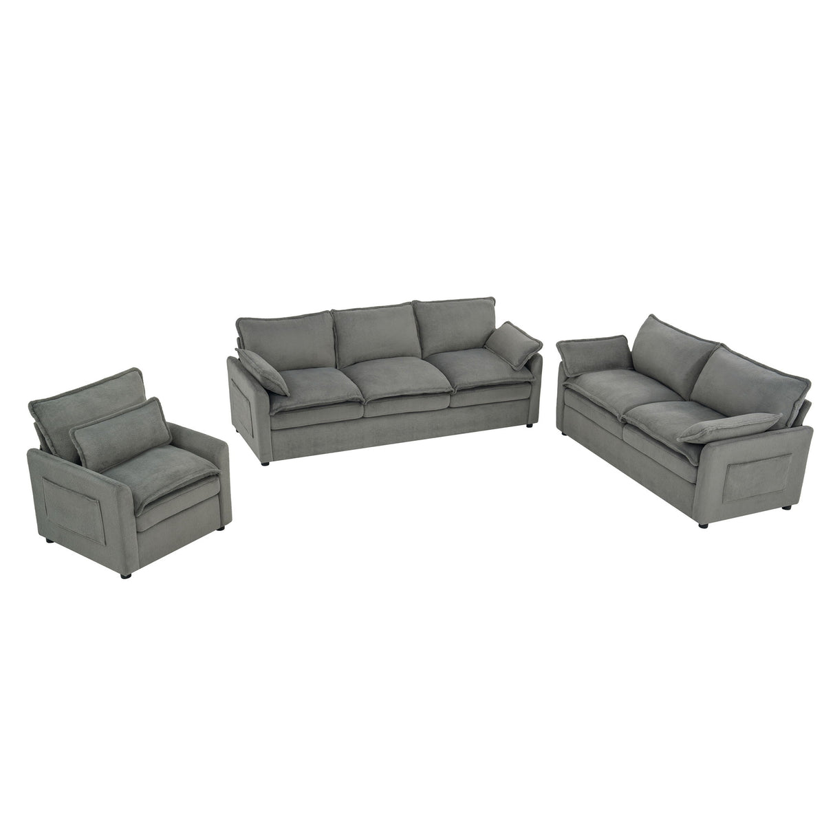 Modern Sofa Set With Double Layer Cushion And Side Storage Pockets