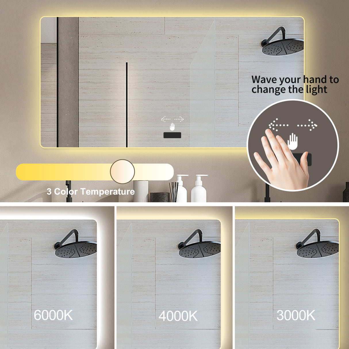 Frameless Bathroom Mirror With Light, LED Backlit, Tri Color Dimming, Anti Fog, Smart Sensor - Silver