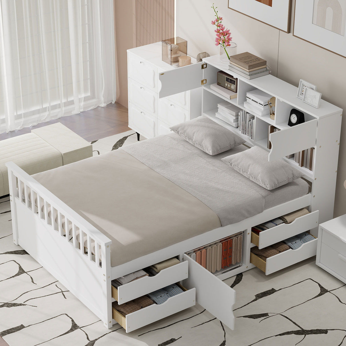 Captain Platform Bed Frame With Bookcase Headboard, 4 Drawers, Storage Shelves