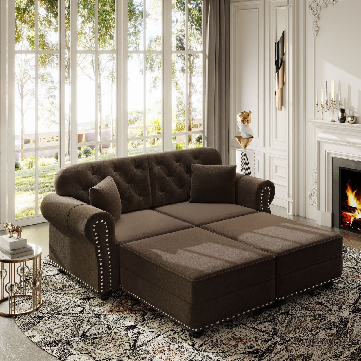 Upholstered Sofa Set With Nailhead Trim And Rolled Armrests, Includes Pillows