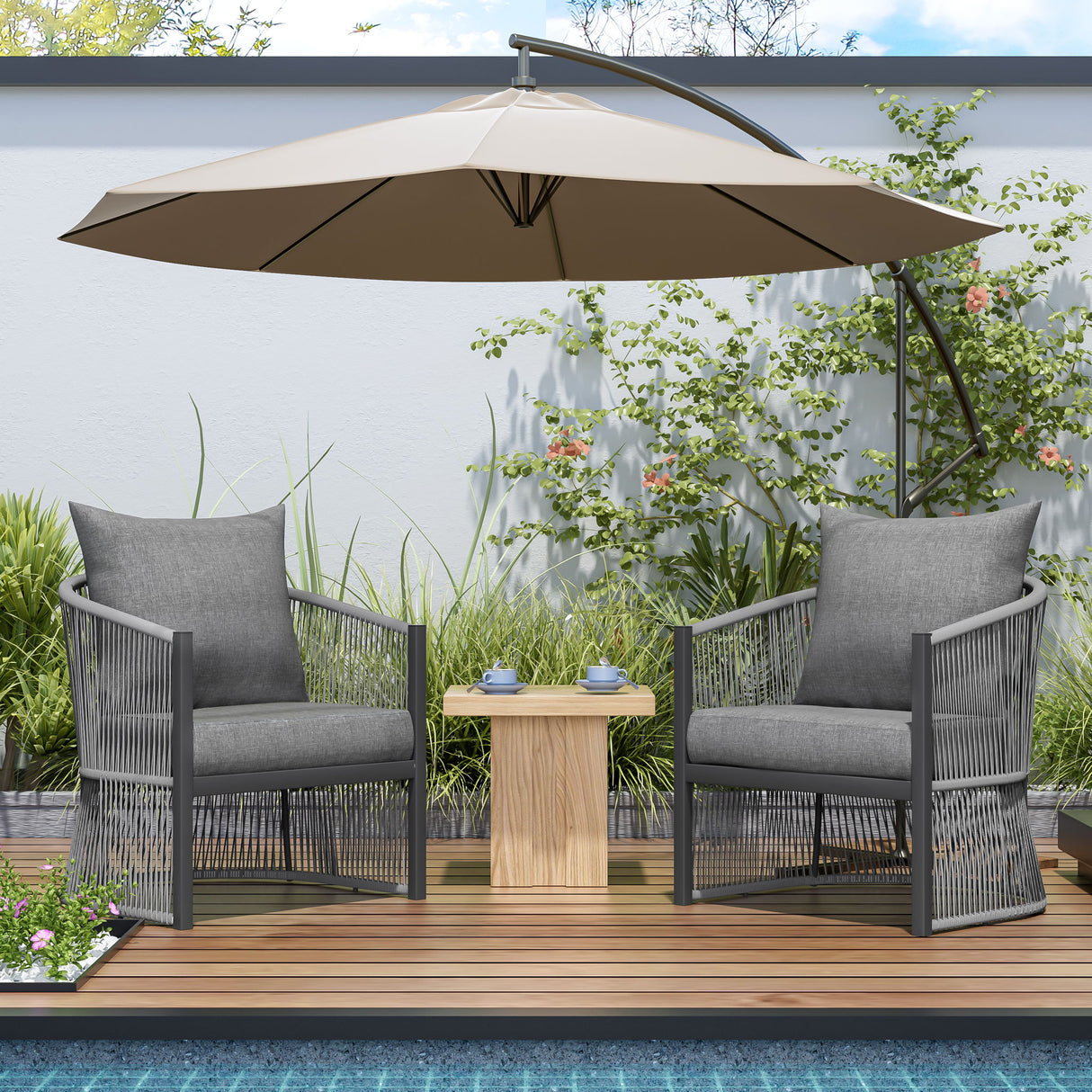 Modern Curved Aluminum Lounge Chair With Stylish Rope Weave Design And Cushioned Comfort For Outdoor