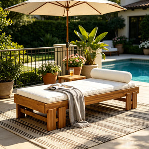 Teak Finish Acacia Wood Daybed with Cream Cushion
