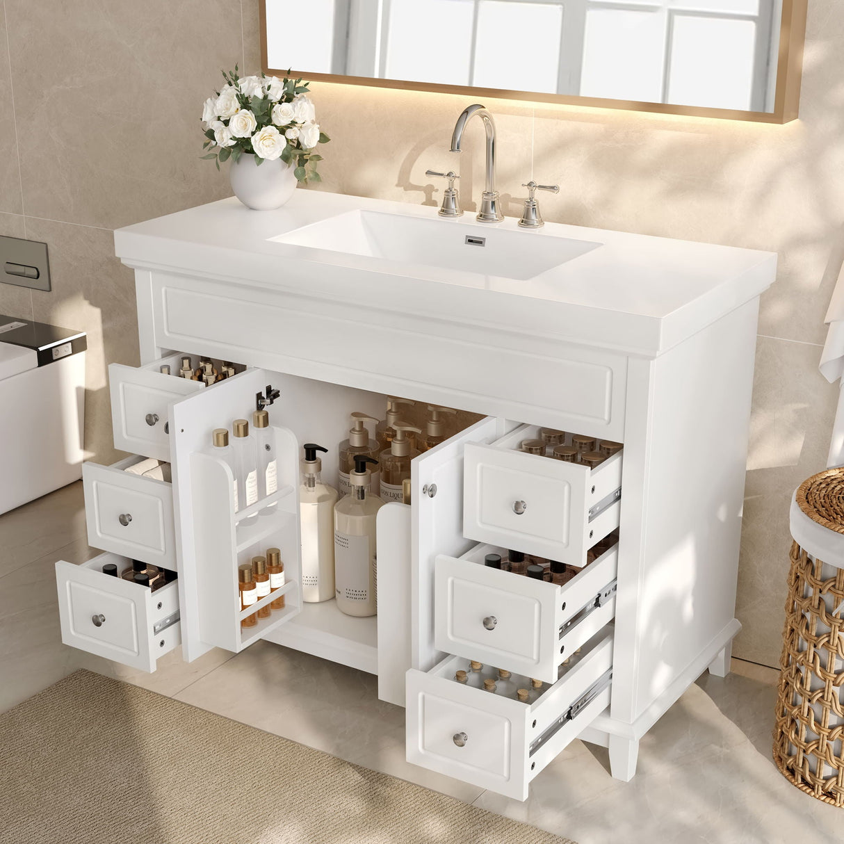Bathroom Vanity With Sink, 6 Soft Close Drawers & Double Doors - White