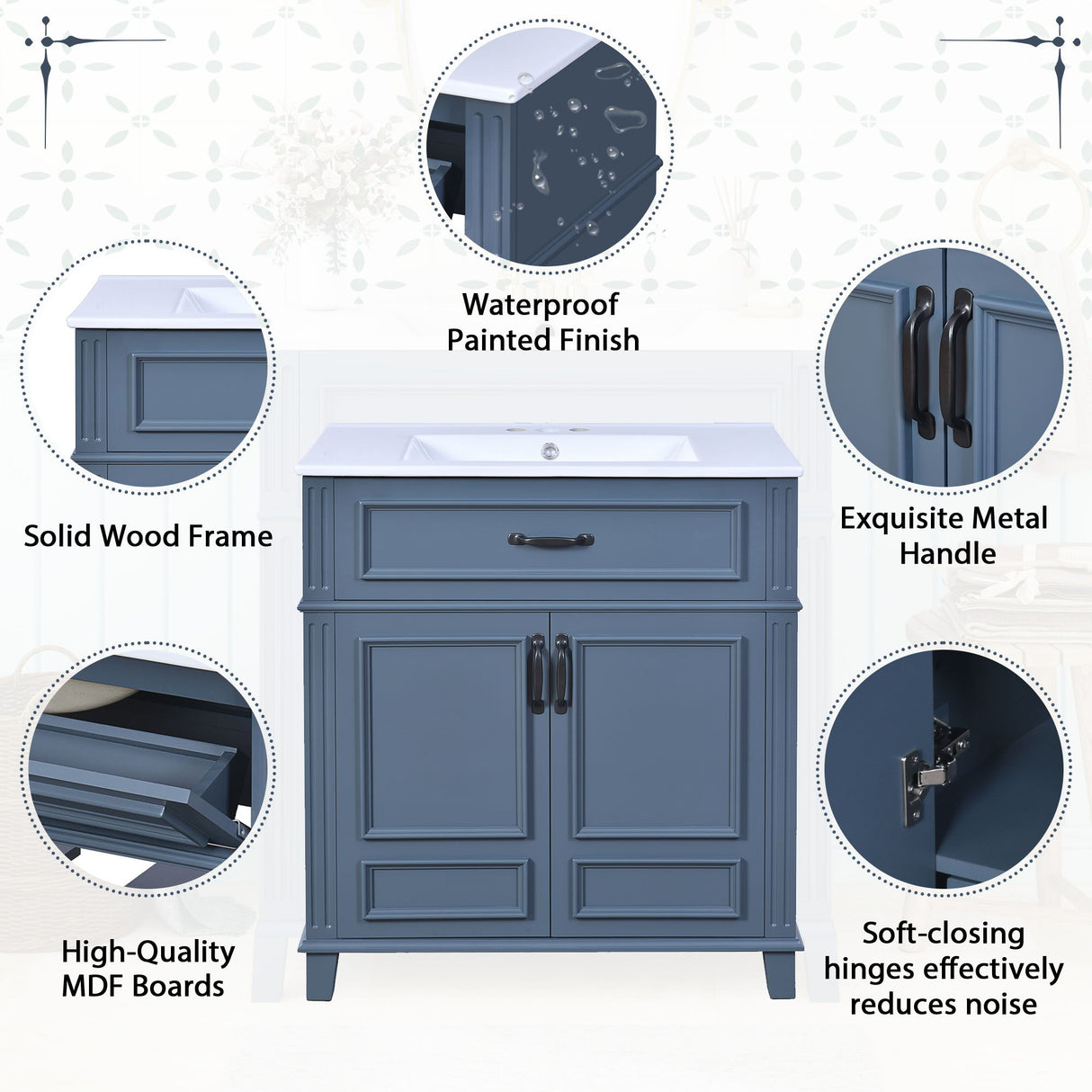 Bathroom Vanity With Sink Storage Cabinet - Blue