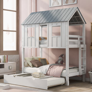 Twin Size House Bunk Bed With Trundle, Roof And Windows - White / Gray