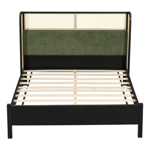 Queen Size Bed Frame with Plush Green Upholstered Headboard