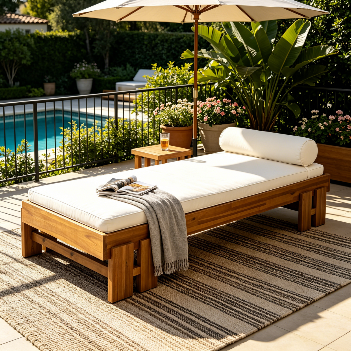 Teak Finish Acacia Wood Daybed with Cream Cushion