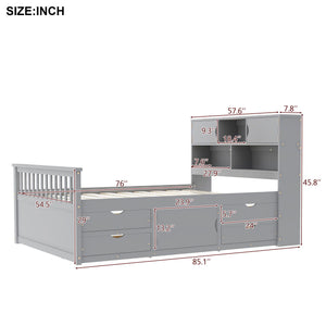 Captain Platform Bed Frame With Bookcase Headboard, 4 Drawers, Storage Shelves