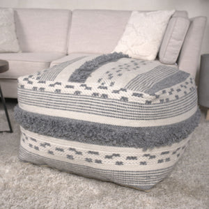 Karim - Faux Yarn Large Pouf, Durable - Ivory / Gray