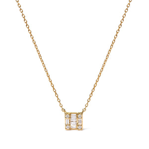 10K Yellow Gold 1/10 Cttw Round and Baguette Diamond Mosaic Composite Square 18" Inch Pendant Necklace (H-I Color, I1-I2 Clarity)
