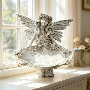 12.80" High Garden Fairy Figurine, 14.37" Wide Resin Angel Statue with Leaf Tray, Multi-Functional Bird Feeder & Decorative Tray for Outdoor & Indoor Use