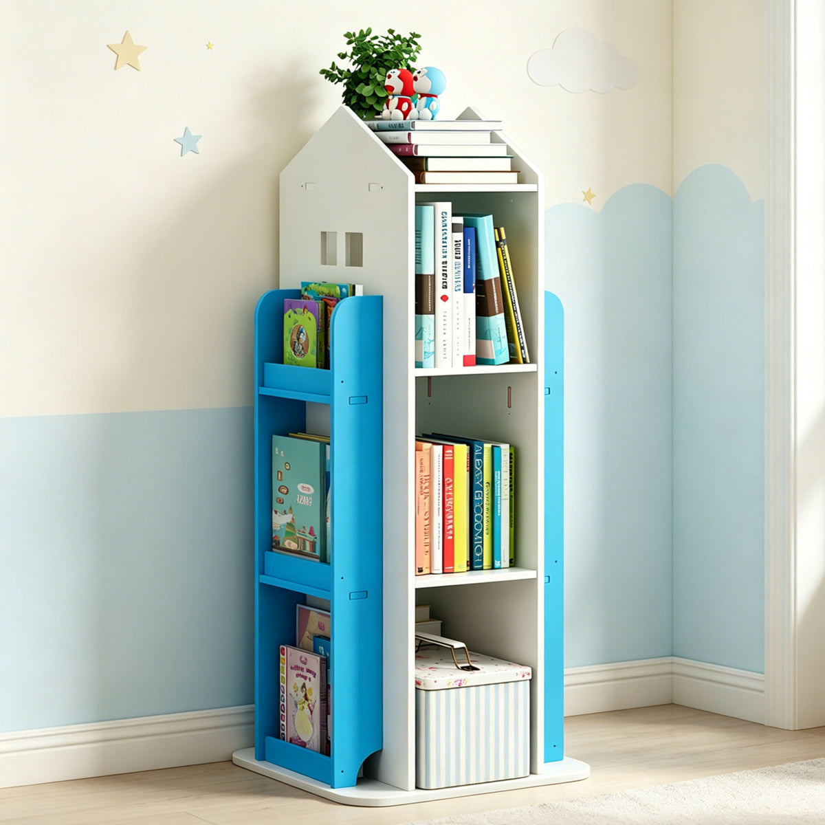 4-Tier Rotating Bookshelf, 360° Swivel, PVC, White
