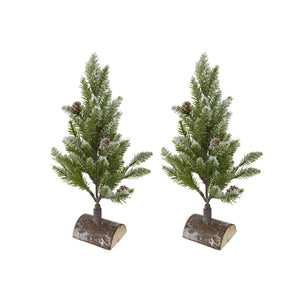 Set of 2, 13.5" Christmas PVC Tree On Wood Base With Snow