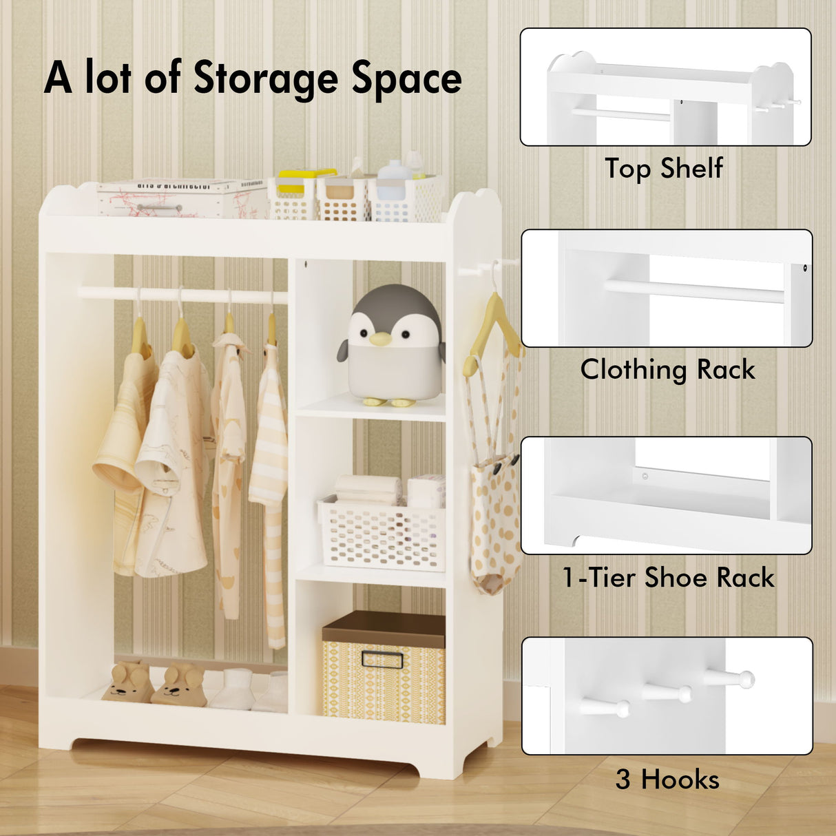 Dress Up Storage With Mirror And Hooks, Clothes Rack With Hanging Rod, 3 Side Hooks, Open Shelves, Top Shelf Organizer - White