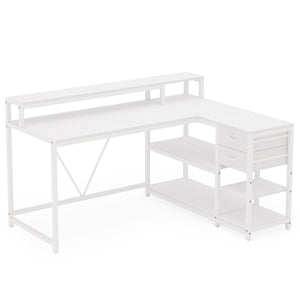 L-Shaped Home Office Desk With Monitor Riser, Drawers, And Storage Shelves