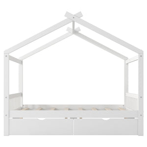 House Style Platform Bed With Headboard, Footboard, 2 Drawers, And Roof Design