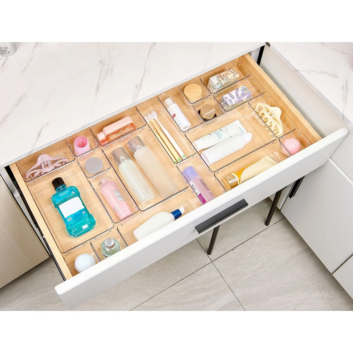 25 Piece Clear Plastic Drawer Organizers Set, 4 Sizes Clear Drawer Organizers & storage Bins for Makeup/Jewelry Vanity, Kitchen Gadgets Or Office Desk. Bathroom Drawer Organizer Trays
