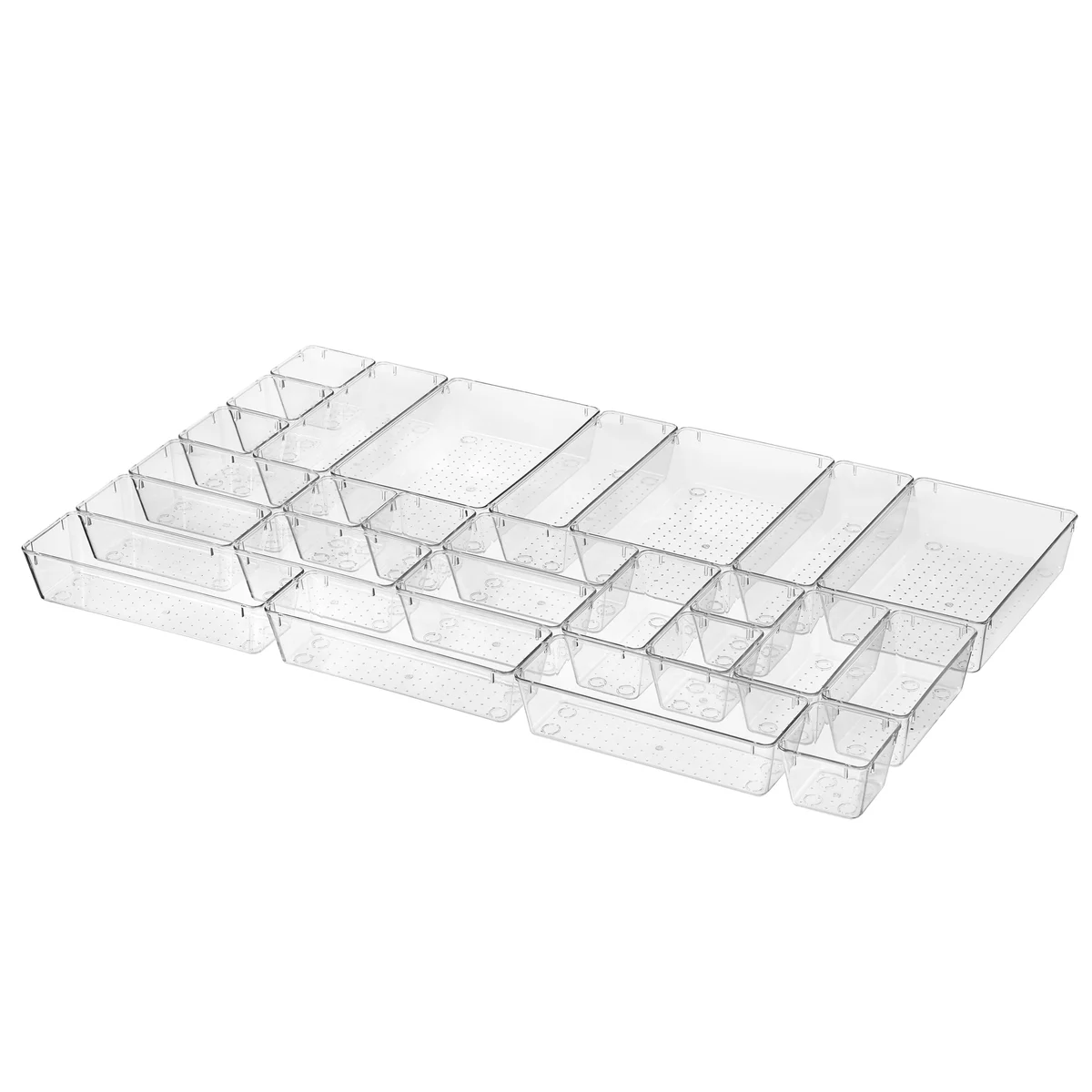 25 Piece Clear Plastic Drawer Organizers Set, 4 Sizes Clear Drawer Organizers & storage Bins for Makeup/Jewelry Vanity, Kitchen Gadgets Or Office Desk. Bathroom Drawer Organizer Trays