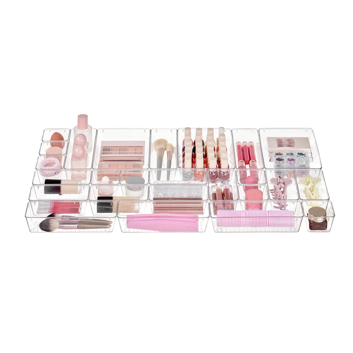 25 Piece Clear Plastic Drawer Organizers Set, 4 Sizes Clear Drawer Organizers & storage Bins for Makeup/Jewelry Vanity, Kitchen Gadgets Or Office Desk. Bathroom Drawer Organizer Trays