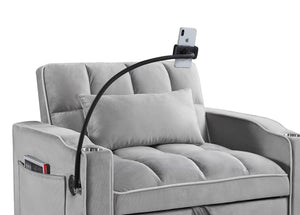Convertible Sleeper Chair Sofa Bed, Grey Velvet, Pull-Out Single Bed