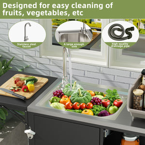 Outdoor Grill Table With Sink, Worktable Kitchen Cabinet Island With Wheels & Foldable Top - Black