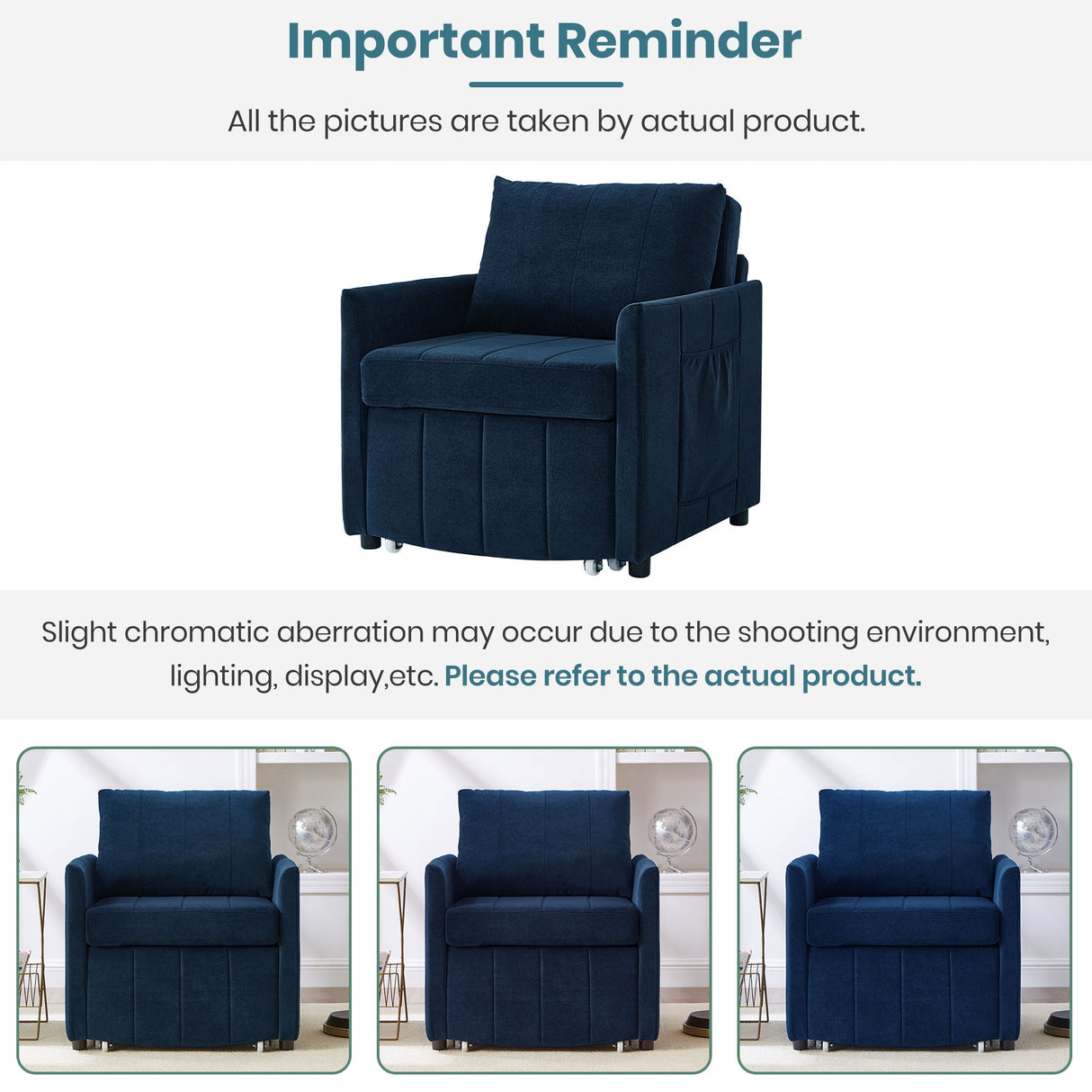 Upholstered Convertible Sleeper Sofa With 5 Position Backrest, Side Pockets, Storage