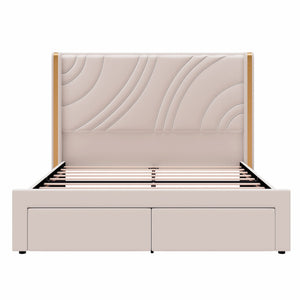 Modern Upholstered LED Bed Frame With Storage Drawers, Wingback Headboard, RGB Light