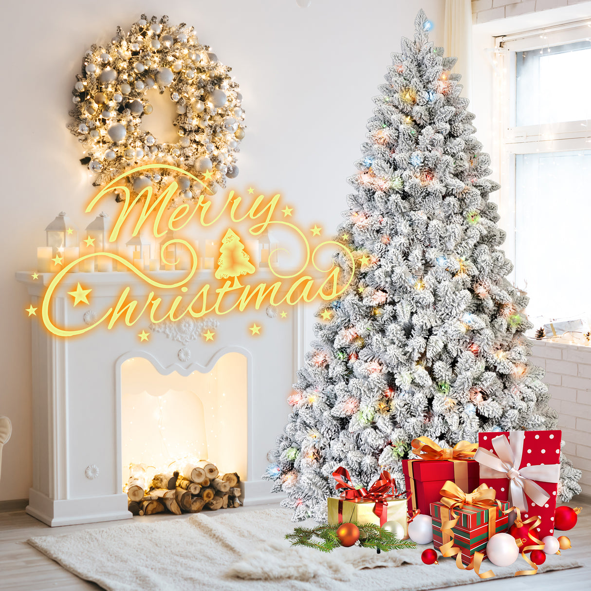 4Ft Flocked Christmas Tree with 150 Colorful UL Lights