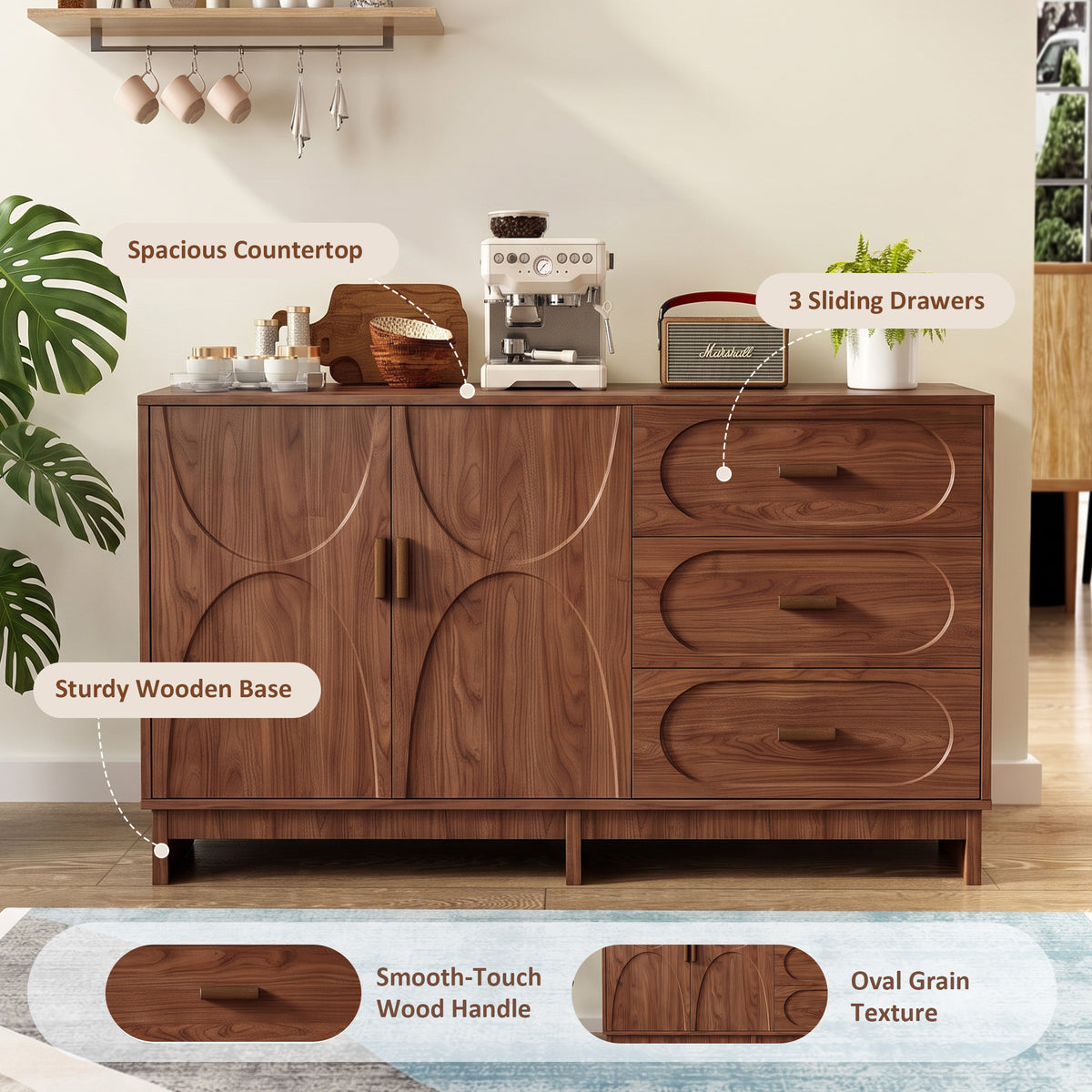 59.1" Buffet Sideboard with 2 Doors and 3 Drawers