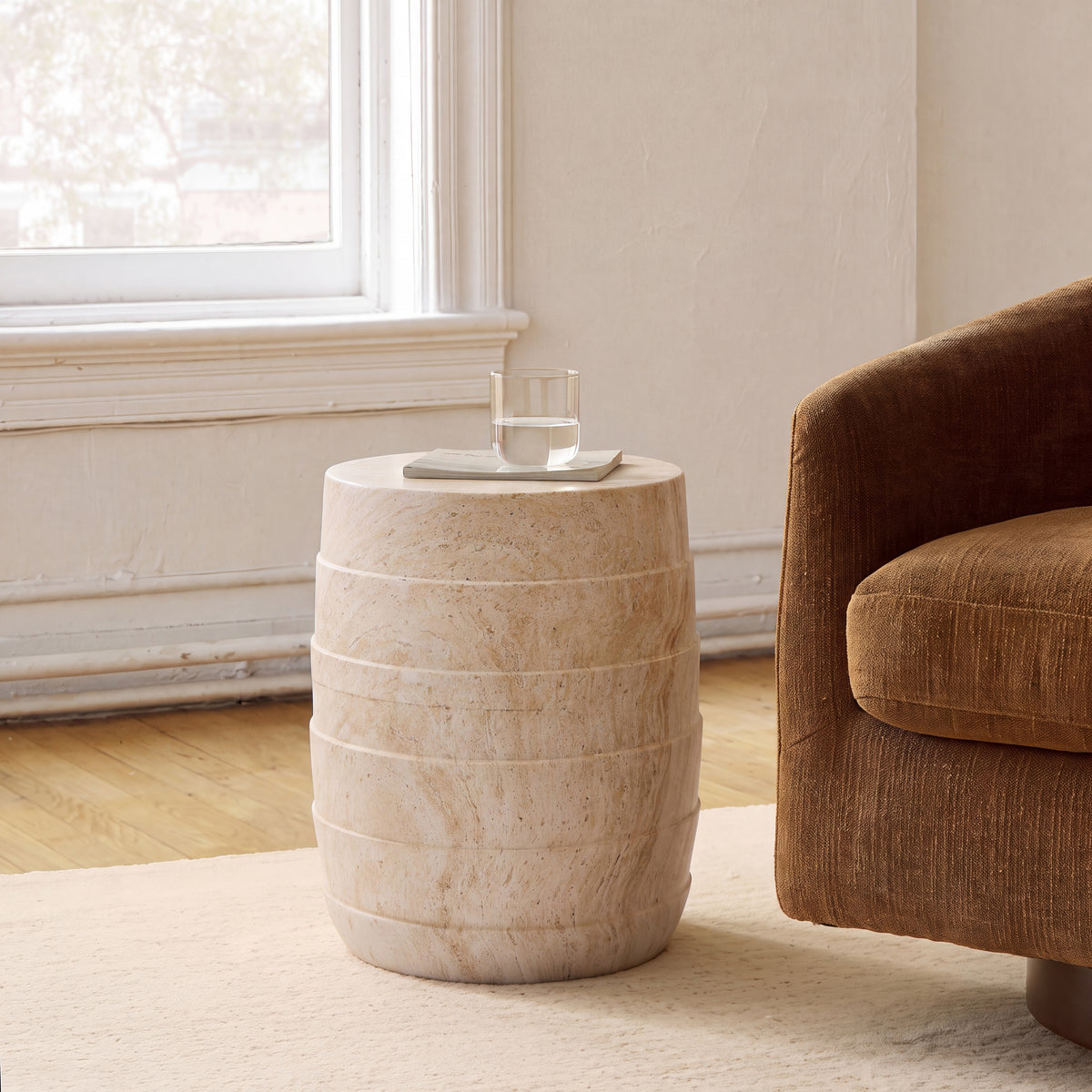 Modern Cylindrical Travertine-Look MGO Outdoor Side Table