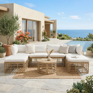 Outdoor Patio Furniture, All-Weather Rattan Sectional Sofa Set With Thick Cushions And Pillows, Freely Combined Conversation Sets For Garden, Backyard, Balcony