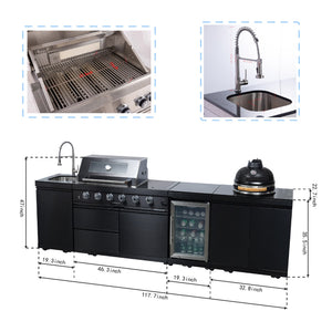 Black 118-Inch Outdoor Kitchen BBQ Island with Kamado and Stainless Steel Construction