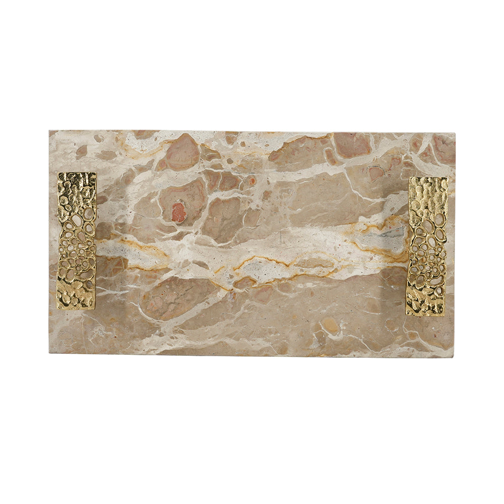 17.7x9.7x2" Marble Tray with Gold Handles