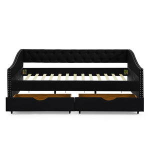 Upholstered Tufted Daybed With 2 Drawers, Waved Arms