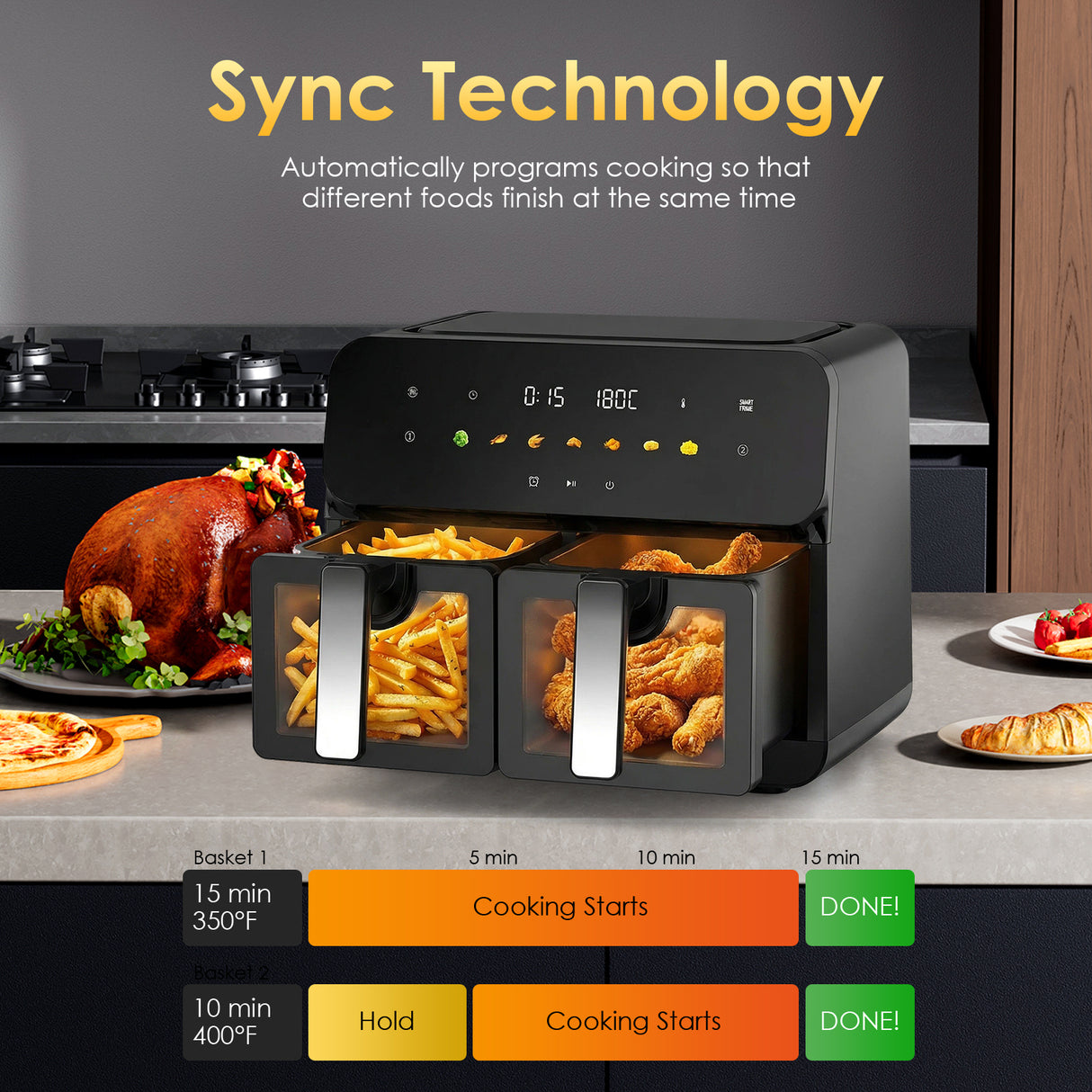 10QT Dual Air Fryer with Double Basket and Digital Touchscreen Control
