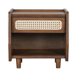 Walnut Nightstand with Rattan Detail, MDF + Solid Wood