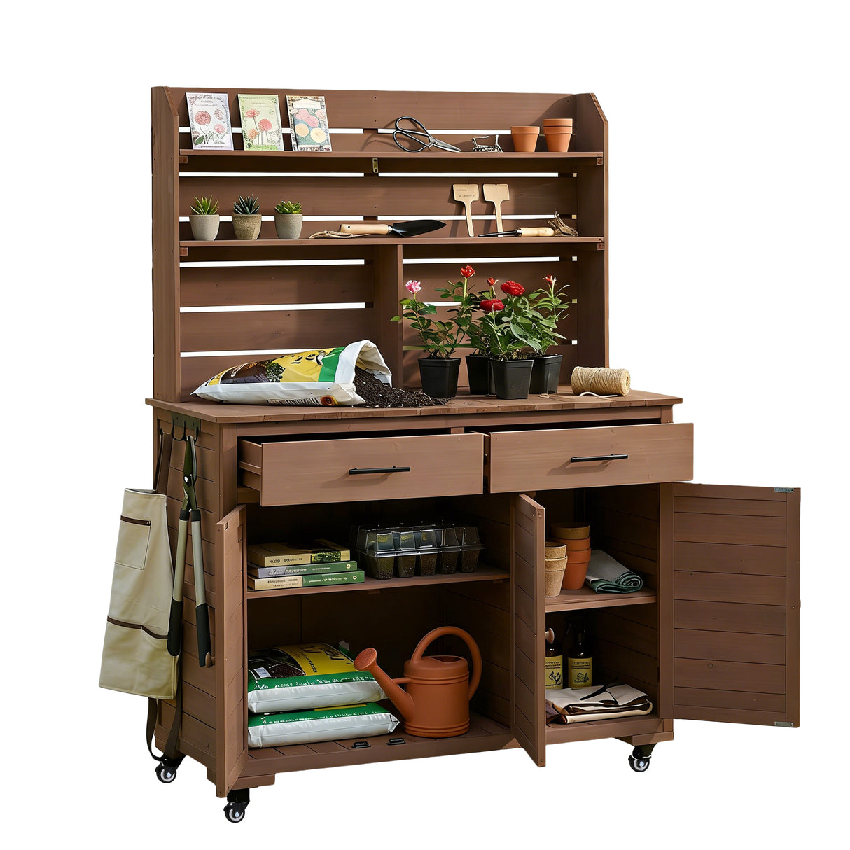 TOPMAX 65"H Large Garden Potting Bench with Storage and Lockable Wheels