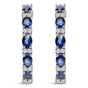 14K White Gold 4x3mm Oval Blue Sapphire and 1/4 Cttw Diamond Alternating Hoop Earring (I-J Color, SI2-I1 Clarity)