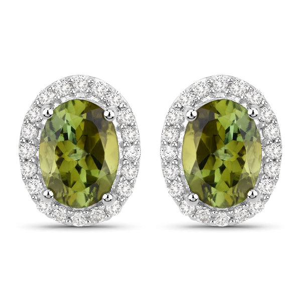 1.92 Carat Genuine Green Tourmaline and White Diamond 14K White Gold Earrings