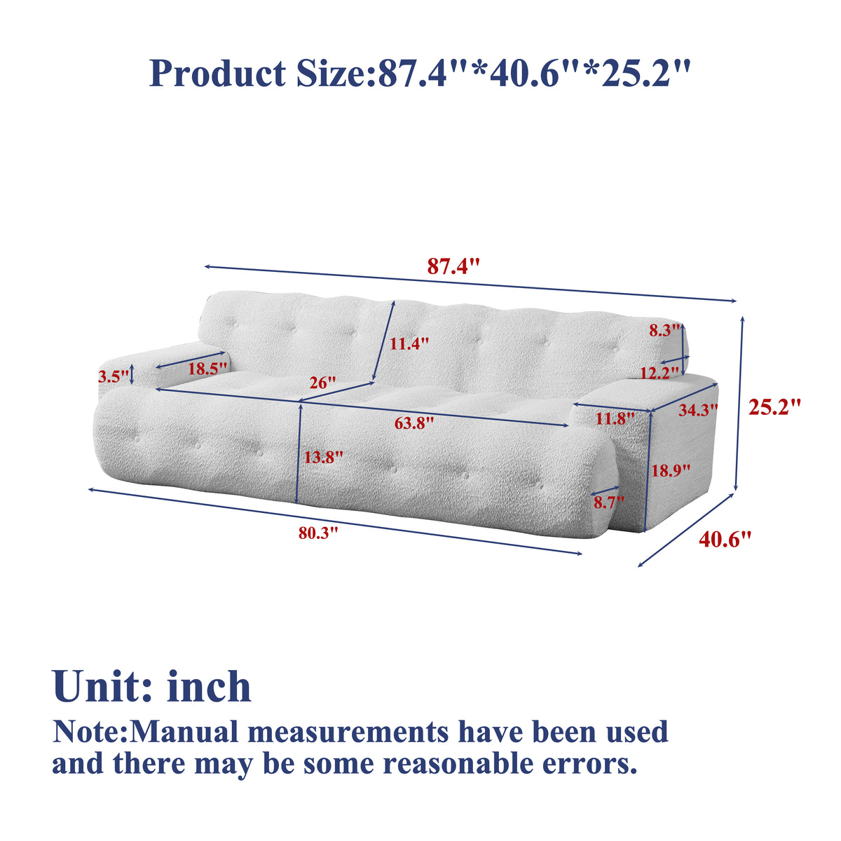 87.4-Inch Cloud Series Minimalist Button-Tufted Square Arm Three-Seater Sofa