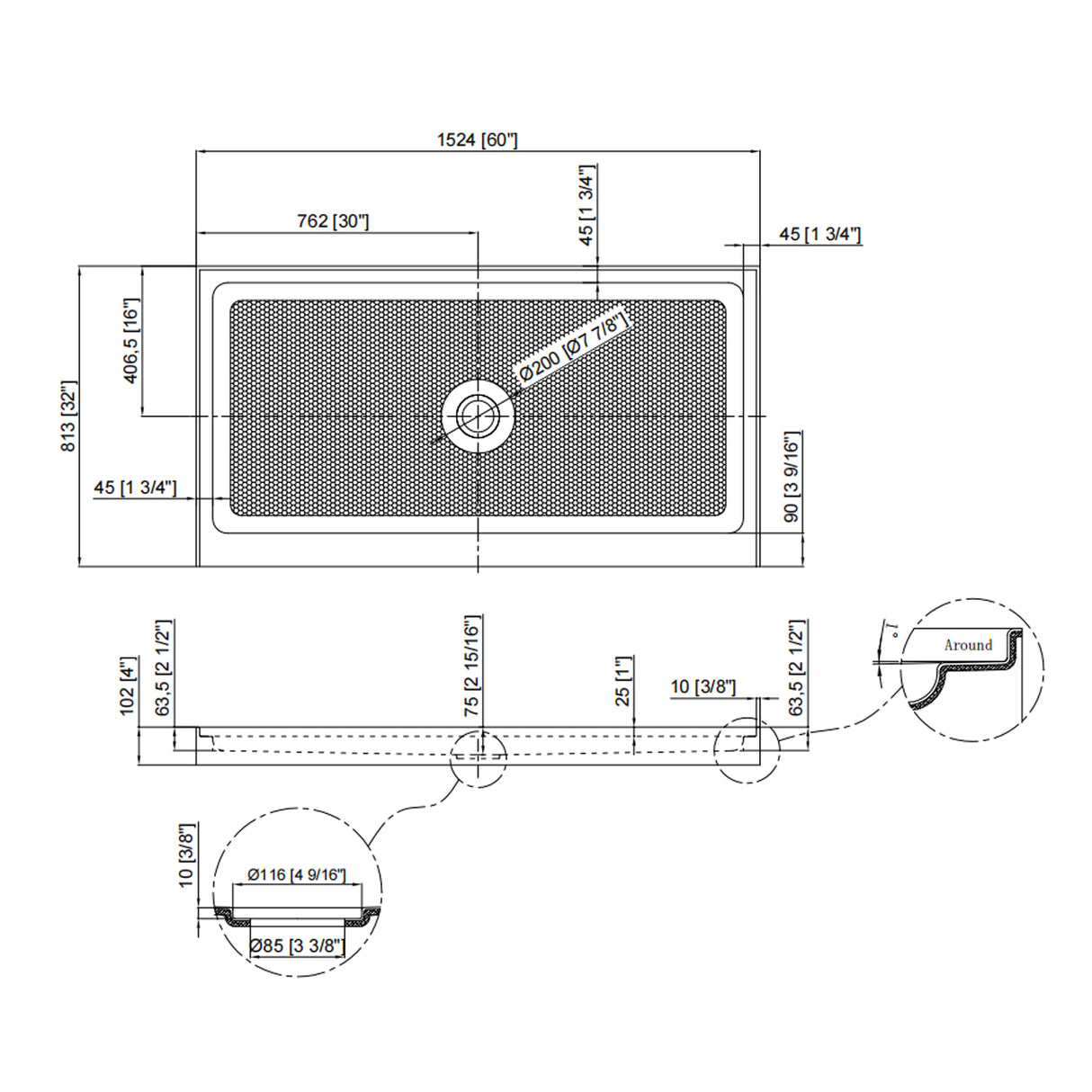 60" x 32" Shower Base, Central Drain Single Threshold